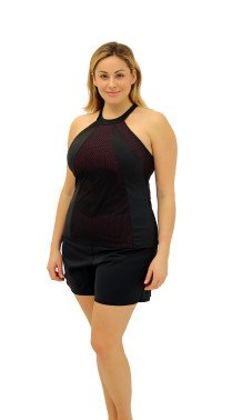 604040 Coral Boy Meets Girl Hi Neck Top with Insets with Blk Brief- Plus