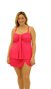 604118 Coral Solids Waterfall Bandeau Top with coral wrap skirt- Plus