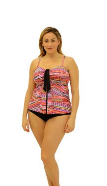 604233 Coral Criss Cross Pleated Tie Front Bandeau Top with blk brief- Plus