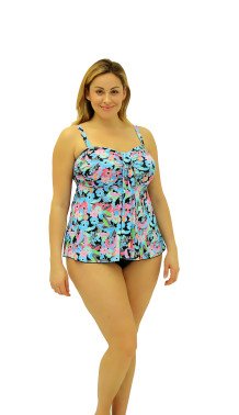 604257 Pink Oragami Micro Waterfall Bandeau Top with Blk Brief- Plus